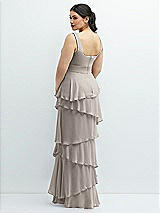 Rear View Thumbnail - Taupe Asymmetrical Tiered Ruffle Chiffon Maxi Dress with Handworked Flowers Detail
