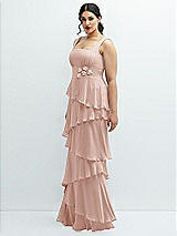 Side View Thumbnail - Toasted Sugar Asymmetrical Tiered Ruffle Chiffon Maxi Dress with Handworked Flowers Detail