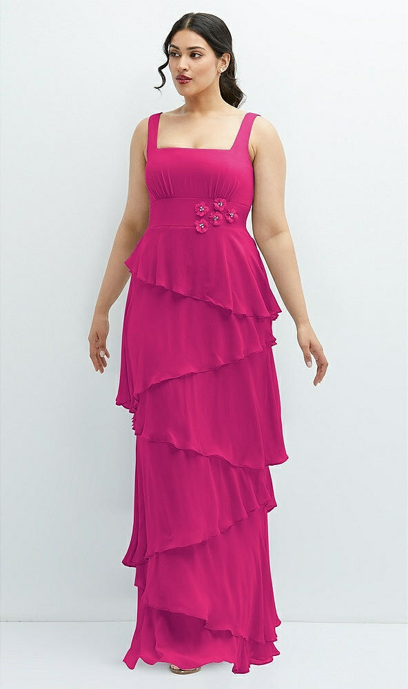 Front View - Think Pink Asymmetrical Tiered Ruffle Chiffon Maxi Dress with Handworked Flowers Detail
