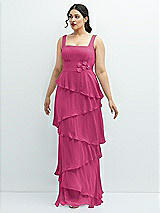 Front View Thumbnail - Tea Rose Asymmetrical Tiered Ruffle Chiffon Maxi Dress with Handworked Flowers Detail