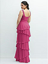Rear View Thumbnail - Tea Rose Asymmetrical Tiered Ruffle Chiffon Maxi Dress with Handworked Flowers Detail