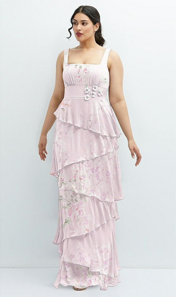 Front View - Watercolor Print Asymmetrical Tiered Ruffle Chiffon Maxi Dress with Handworked Flowers Detail