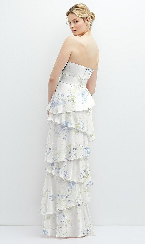 Back View - Bleu Garden Strapless Asymmetrical Tiered Ruffle Chiffon Maxi Dress with Handworked Flower Detail