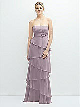 Front View Thumbnail - Lilac Dusk Strapless Asymmetrical Tiered Ruffle Chiffon Maxi Dress with Handworked Flower Detail