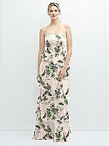Front View Thumbnail - Palm Beach Print Strapless Asymmetrical Tiered Ruffle Chiffon Maxi Dress with Handworked Flower Detail