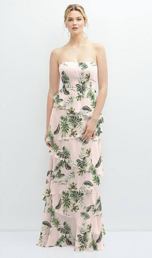 Front View - Palm Beach Print Strapless Asymmetrical Tiered Ruffle Chiffon Maxi Dress with Handworked Flower Detail