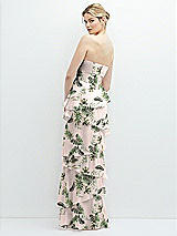 Rear View Thumbnail - Palm Beach Print Strapless Asymmetrical Tiered Ruffle Chiffon Maxi Dress with Handworked Flower Detail