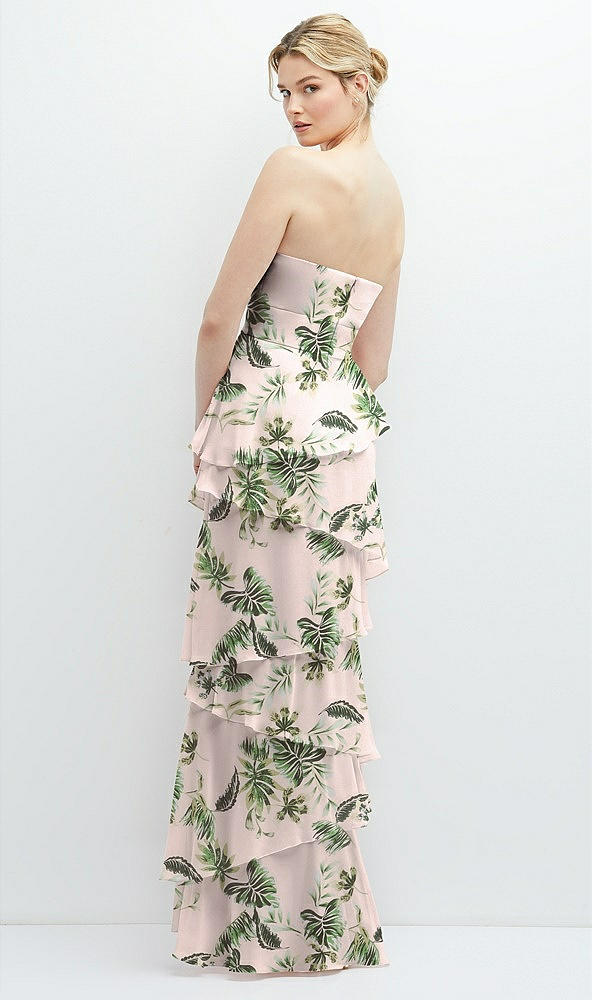 Back View - Palm Beach Print Strapless Asymmetrical Tiered Ruffle Chiffon Maxi Dress with Handworked Flower Detail