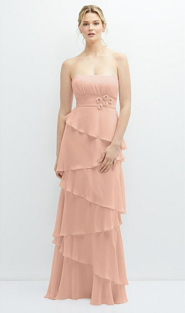 Front View - Pale Peach Strapless Asymmetrical Tiered Ruffle Chiffon Maxi Dress with Handworked Flower Detail