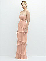 Side View Thumbnail - Pale Peach Strapless Asymmetrical Tiered Ruffle Chiffon Maxi Dress with Handworked Flower Detail
