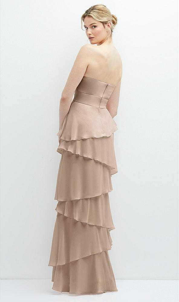 Back View - Topaz Strapless Asymmetrical Tiered Ruffle Chiffon Maxi Dress with Handworked Flower Detail