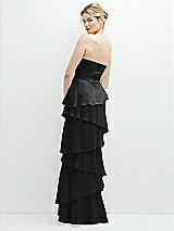 Rear View Thumbnail - Black Strapless Asymmetrical Tiered Ruffle Chiffon Maxi Dress with Handworked Flower Detail