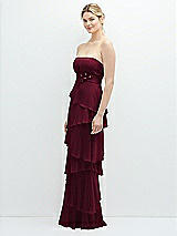 Side View Thumbnail - Cabernet Strapless Asymmetrical Tiered Ruffle Chiffon Maxi Dress with Handworked Flower Detail