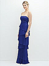 Side View Thumbnail - Cobalt Blue Strapless Asymmetrical Tiered Ruffle Chiffon Maxi Dress with Handworked Flower Detail