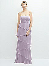 Front View Thumbnail - Lilac Haze Strapless Asymmetrical Tiered Ruffle Chiffon Maxi Dress with Handworked Flower Detail