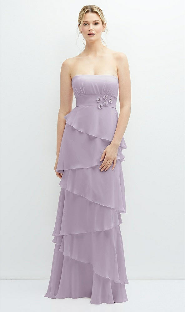 Front View - Lilac Haze Strapless Asymmetrical Tiered Ruffle Chiffon Maxi Dress with Handworked Flower Detail