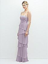 Side View Thumbnail - Lilac Haze Strapless Asymmetrical Tiered Ruffle Chiffon Maxi Dress with Handworked Flower Detail