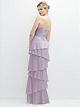 Rear View Thumbnail - Lilac Haze Strapless Asymmetrical Tiered Ruffle Chiffon Maxi Dress with Handworked Flower Detail