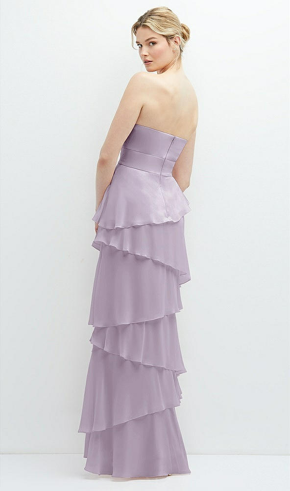 Back View - Lilac Haze Strapless Asymmetrical Tiered Ruffle Chiffon Maxi Dress with Handworked Flower Detail