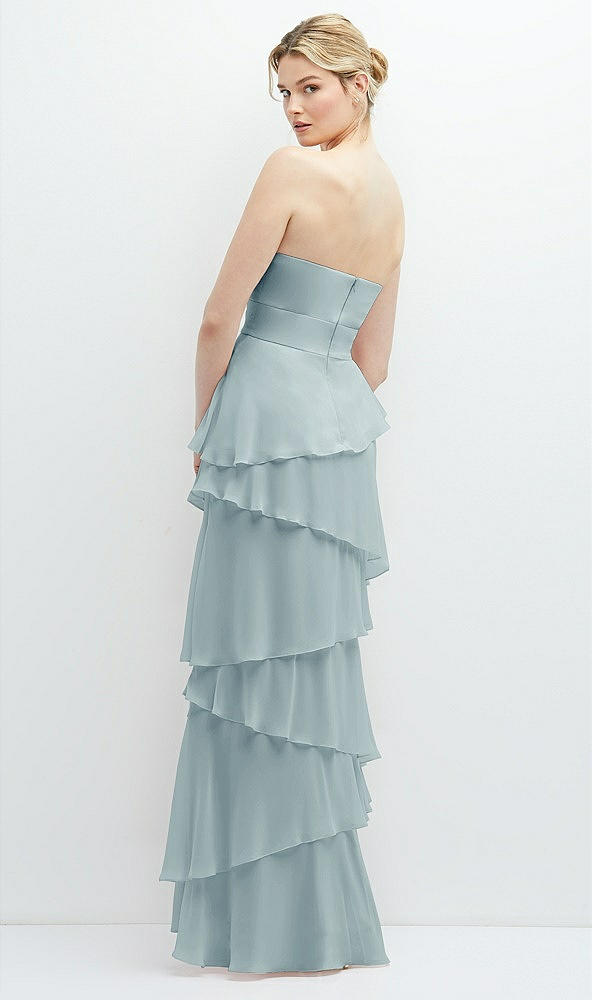 Back View - Morning Sky Strapless Asymmetrical Tiered Ruffle Chiffon Maxi Dress with Handworked Flower Detail
