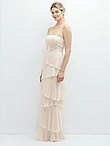 Side View Thumbnail - Oat Strapless Asymmetrical Tiered Ruffle Chiffon Maxi Dress with Handworked Flower Detail