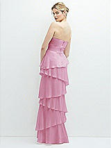 Rear View Thumbnail - Powder Pink Strapless Asymmetrical Tiered Ruffle Chiffon Maxi Dress with Handworked Flower Detail