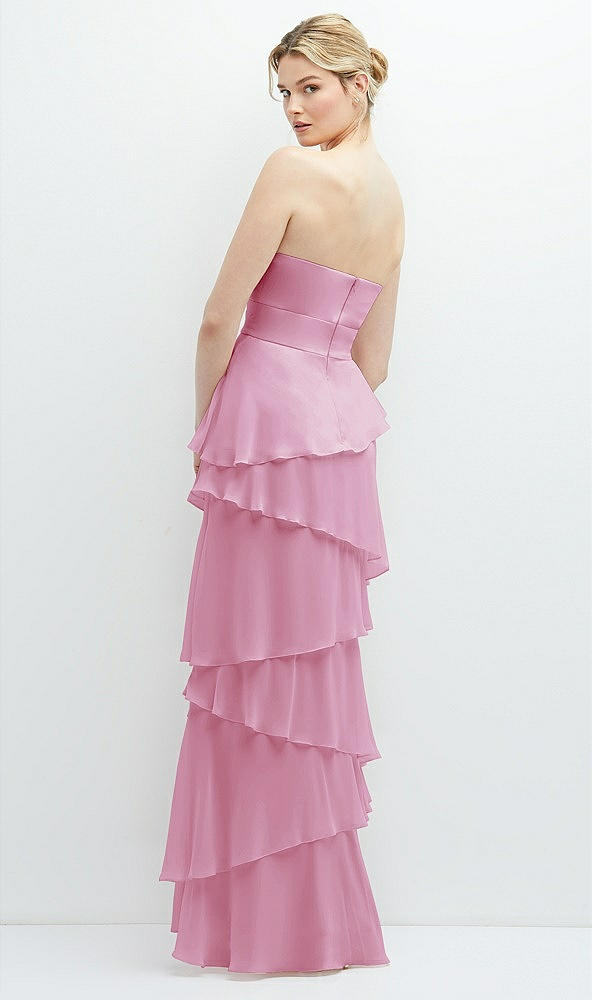 Back View - Powder Pink Strapless Asymmetrical Tiered Ruffle Chiffon Maxi Dress with Handworked Flower Detail
