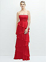 Front View Thumbnail - Parisian Red Strapless Asymmetrical Tiered Ruffle Chiffon Maxi Dress with Handworked Flower Detail
