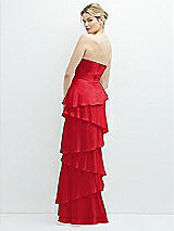 Rear View Thumbnail - Parisian Red Strapless Asymmetrical Tiered Ruffle Chiffon Maxi Dress with Handworked Flower Detail