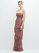 Side View Thumbnail - Rosewood Strapless Asymmetrical Tiered Ruffle Chiffon Maxi Dress with Handworked Flower Detail