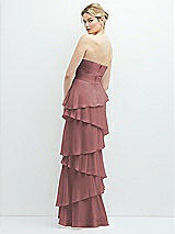 Rear View Thumbnail - Rosewood Strapless Asymmetrical Tiered Ruffle Chiffon Maxi Dress with Handworked Flower Detail