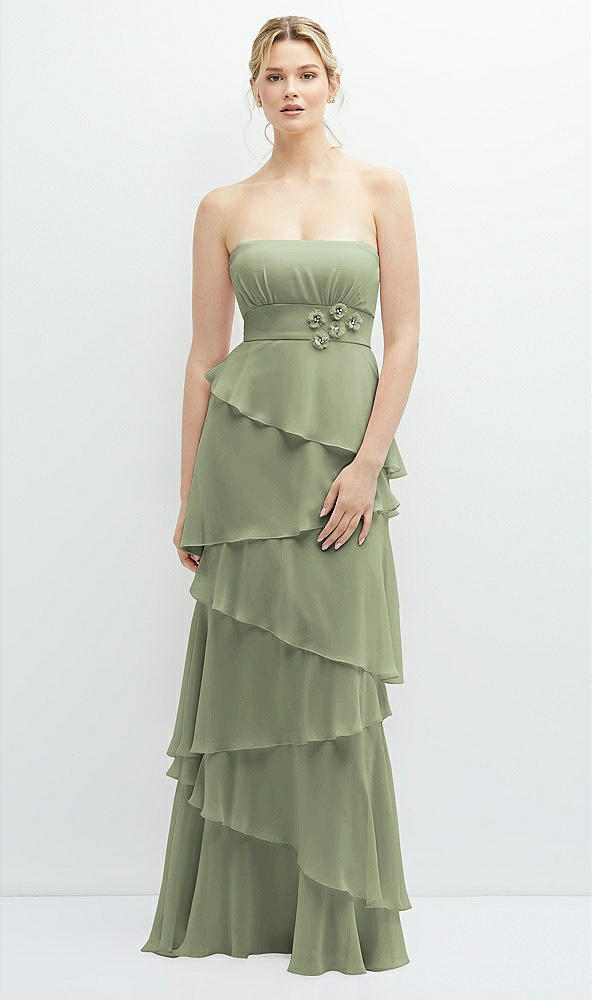 Front View - Sage Strapless Asymmetrical Tiered Ruffle Chiffon Maxi Dress with Handworked Flower Detail