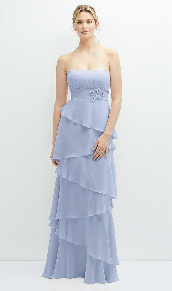 Front View - Sky Blue Strapless Asymmetrical Tiered Ruffle Chiffon Maxi Dress with Handworked Flower Detail