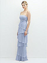 Side View Thumbnail - Sky Blue Strapless Asymmetrical Tiered Ruffle Chiffon Maxi Dress with Handworked Flower Detail