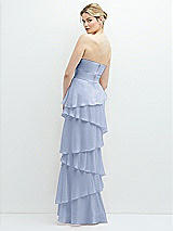 Rear View Thumbnail - Sky Blue Strapless Asymmetrical Tiered Ruffle Chiffon Maxi Dress with Handworked Flower Detail
