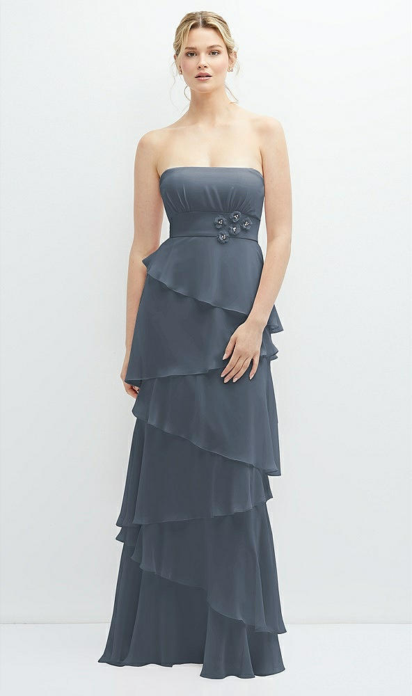 Front View - Silverstone Strapless Asymmetrical Tiered Ruffle Chiffon Maxi Dress with Handworked Flower Detail