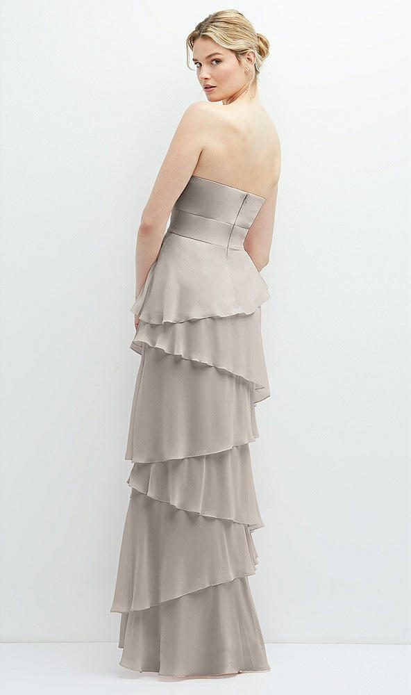 Back View - Taupe Strapless Asymmetrical Tiered Ruffle Chiffon Maxi Dress with Handworked Flower Detail