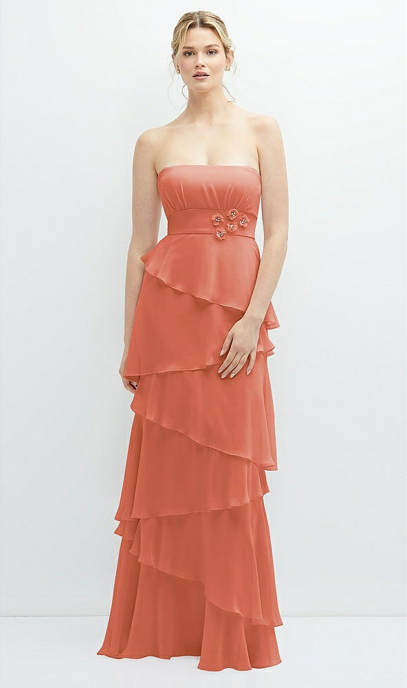 Front View - Terracotta Copper Strapless Asymmetrical Tiered Ruffle Chiffon Maxi Dress with Handworked Flower Detail