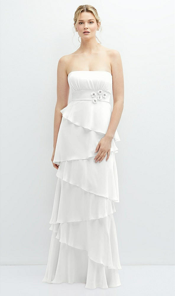 Front View - White Strapless Asymmetrical Tiered Ruffle Chiffon Maxi Dress with Handworked Flower Detail