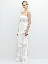 Side View Thumbnail - White Strapless Asymmetrical Tiered Ruffle Chiffon Maxi Dress with Handworked Flower Detail