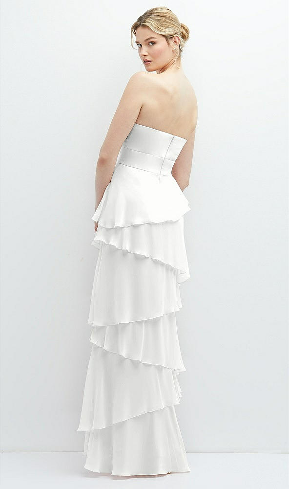 Back View - White Strapless Asymmetrical Tiered Ruffle Chiffon Maxi Dress with Handworked Flower Detail