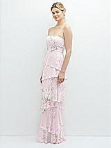Side View Thumbnail - Watercolor Print Strapless Asymmetrical Tiered Ruffle Chiffon Maxi Dress with Handworked Flower Detail