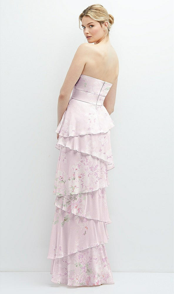 Back View - Watercolor Print Strapless Asymmetrical Tiered Ruffle Chiffon Maxi Dress with Handworked Flower Detail