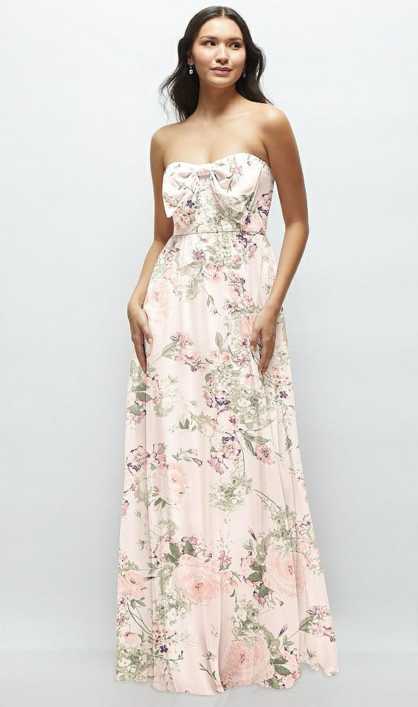 Front View - Blush Garden Strapless Chiffon Maxi Dress with Oversized Bow Bodice