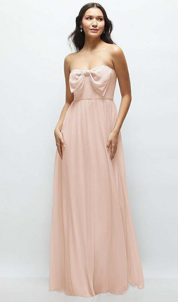 Front View - Cameo Strapless Chiffon Maxi Dress with Oversized Bow Bodice