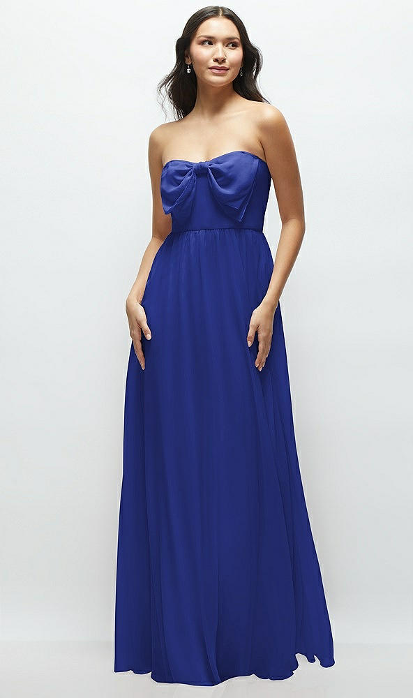 Front View - Cobalt Blue Strapless Chiffon Maxi Dress with Oversized Bow Bodice