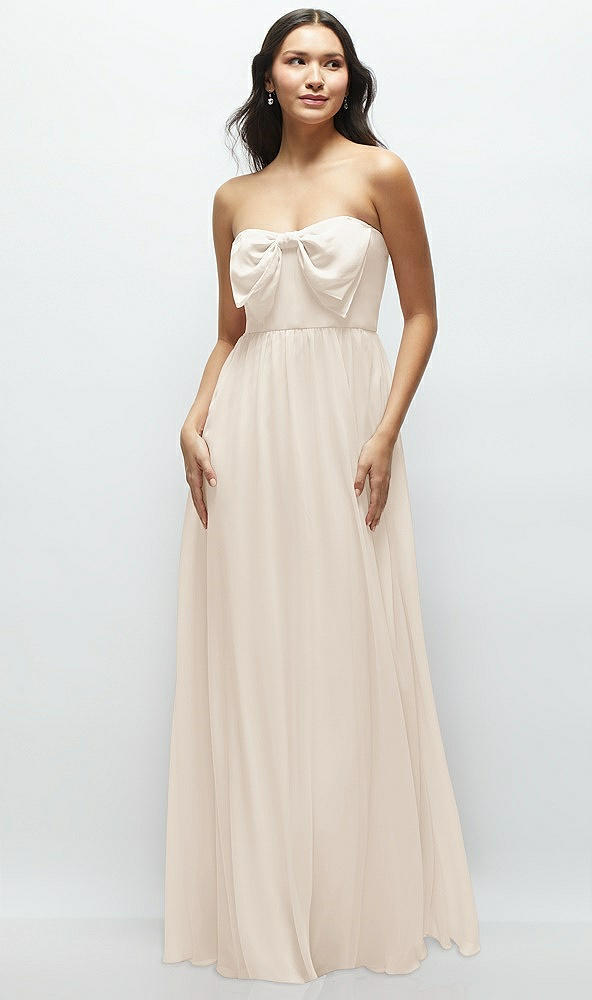 Front View - Oat Strapless Chiffon Maxi Dress with Oversized Bow Bodice