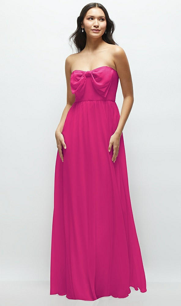 Front View - Think Pink Strapless Chiffon Maxi Dress with Oversized Bow Bodice