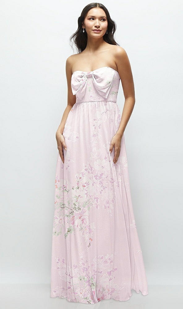 Front View - Watercolor Print Strapless Chiffon Maxi Dress with Oversized Bow Bodice