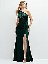 Front View Thumbnail - Evergreen Asymmetrical Open-Back One-Shoulder Stretch Satin Mermaid Dress